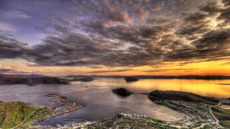 Coastal Town at Sunset — Orange, Dramatic, Photograph, Mountains