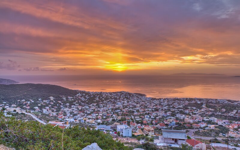 Coastal Town at Sunset — Orange, Dramatic, Photograph, Sea, Hills