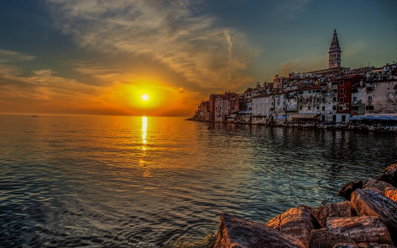 Coastal Town at Sunset — Orange, Dramatic, Photograph, Sun