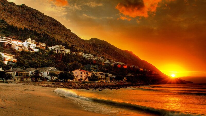 Coastal Town at Sunset — Orange, Dramatic