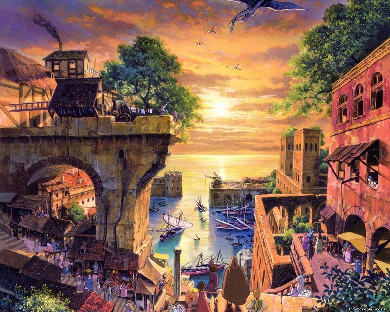 Coastal Town at Sunset — Orange, Serene, Illustration