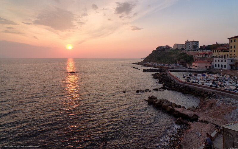 Coastal Town at Sunset — Orange, Serene, Photograph