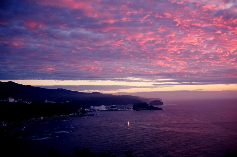 Coastal Town at Sunset — Purple, Dramatic