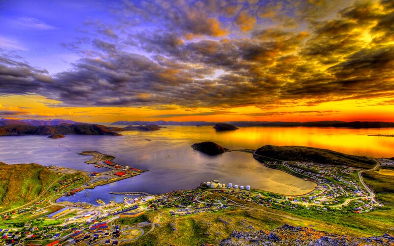 Coastal Town at Sunset — Yellow, Dramatic, Photograph