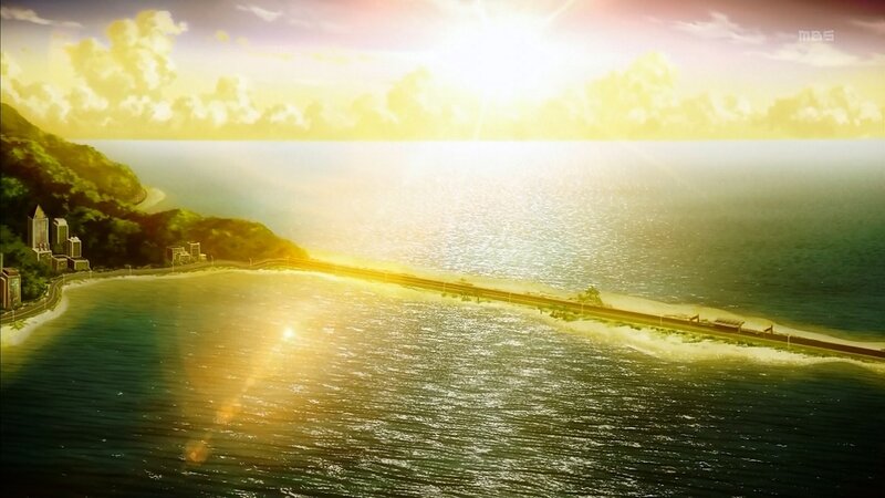 Coastal Town at Sunset — Yellow, Serene, Anime