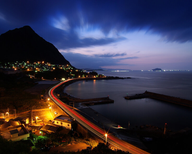 Coastal town at twilight