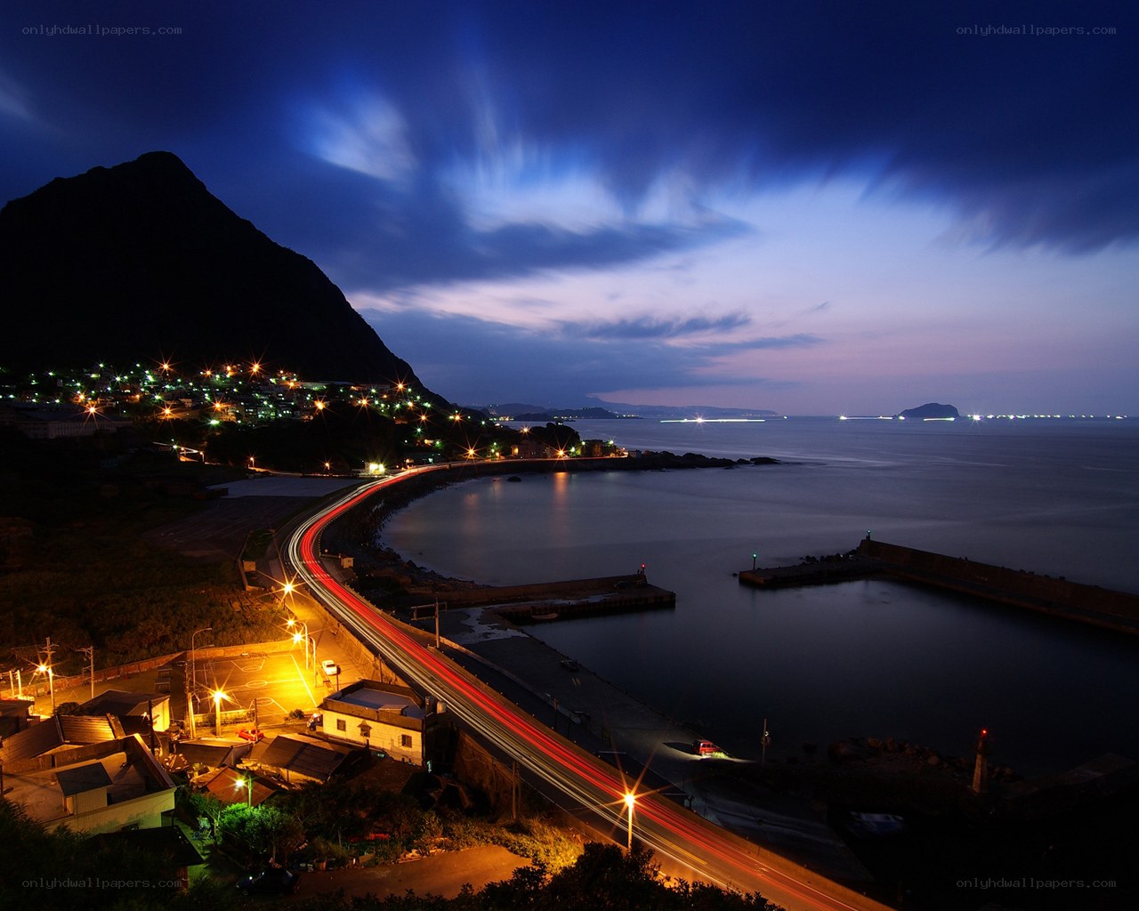 Coastal town at twilight