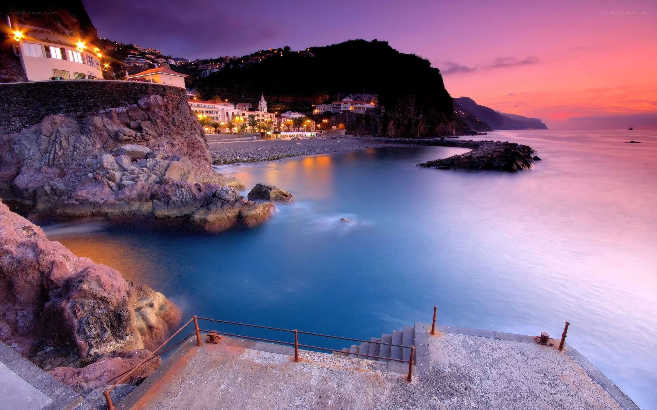 coastal town at twilight