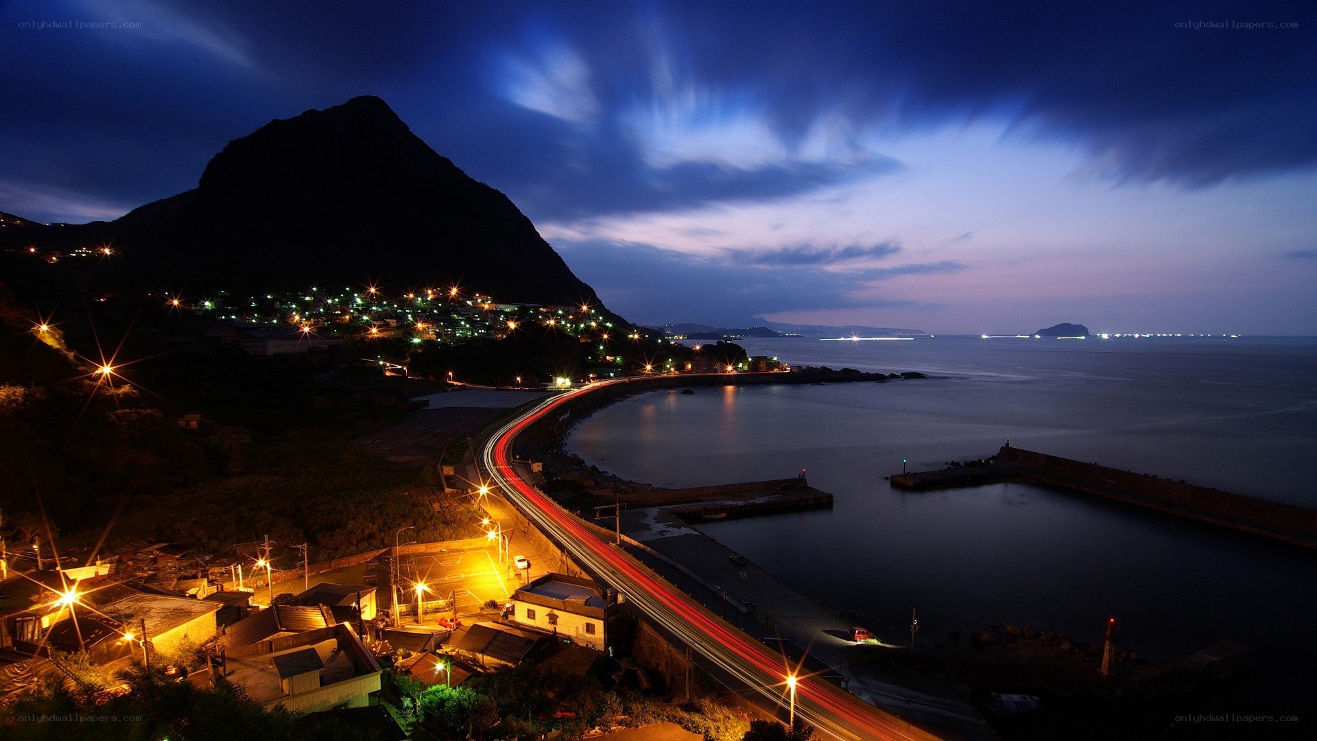 coastal town at twilight