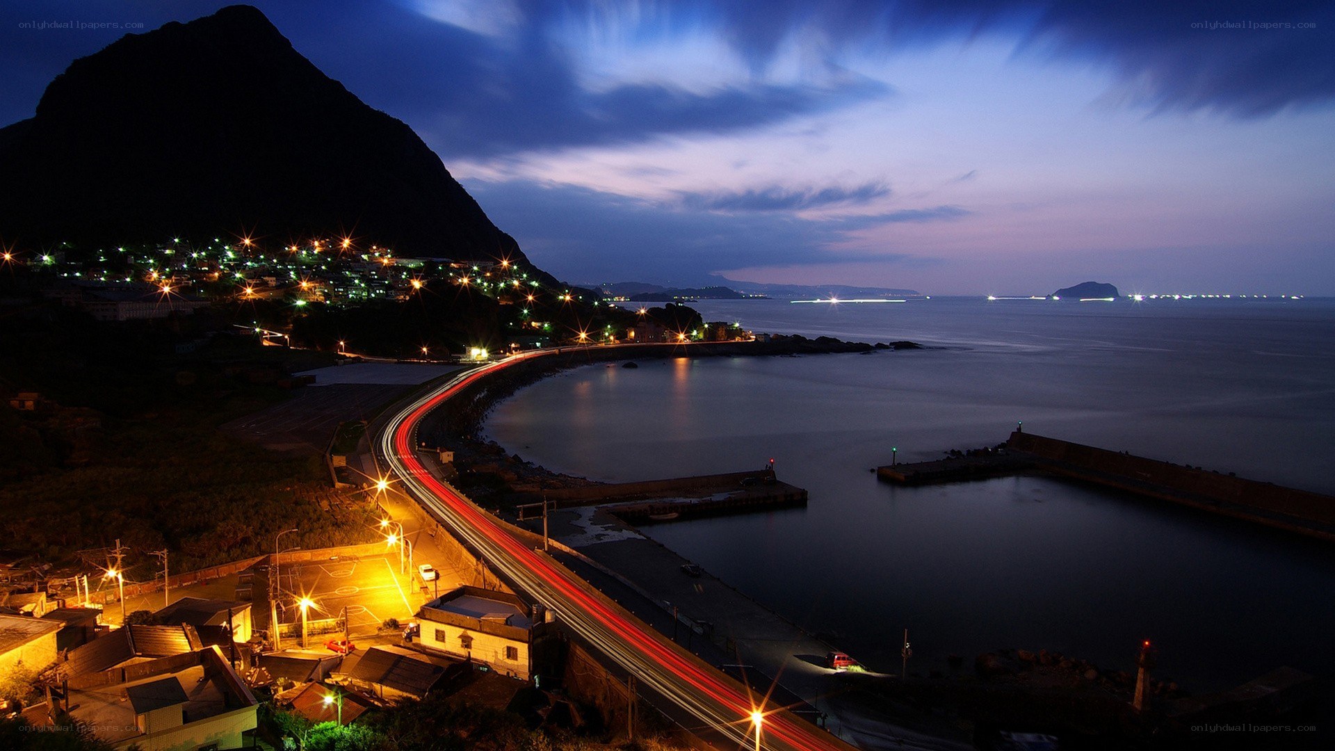 coastal town at twilight