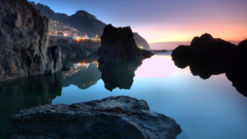 coastal town at twilight
