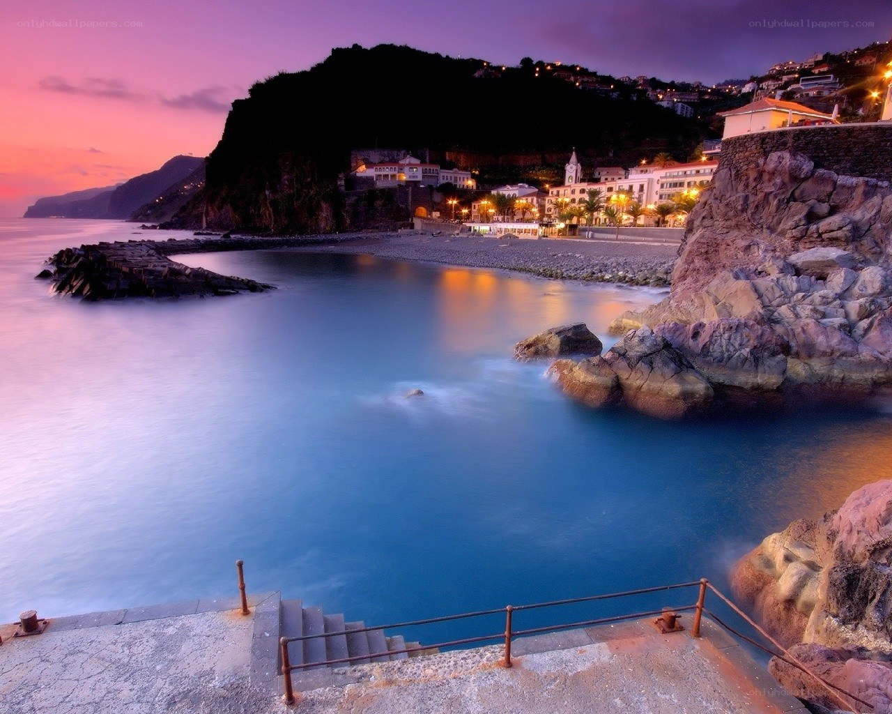 coastal town at twilight