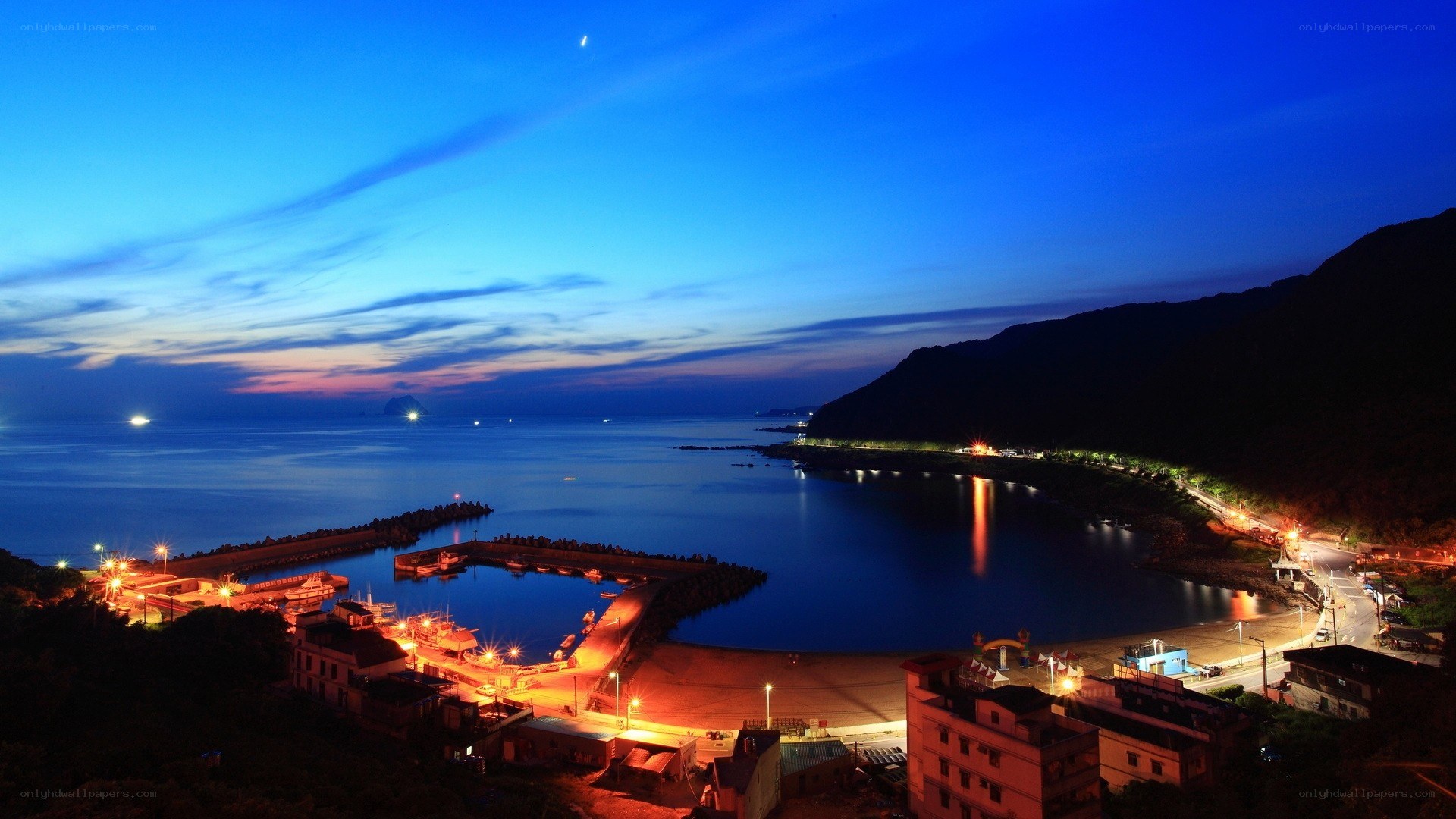 coastal town at twilight