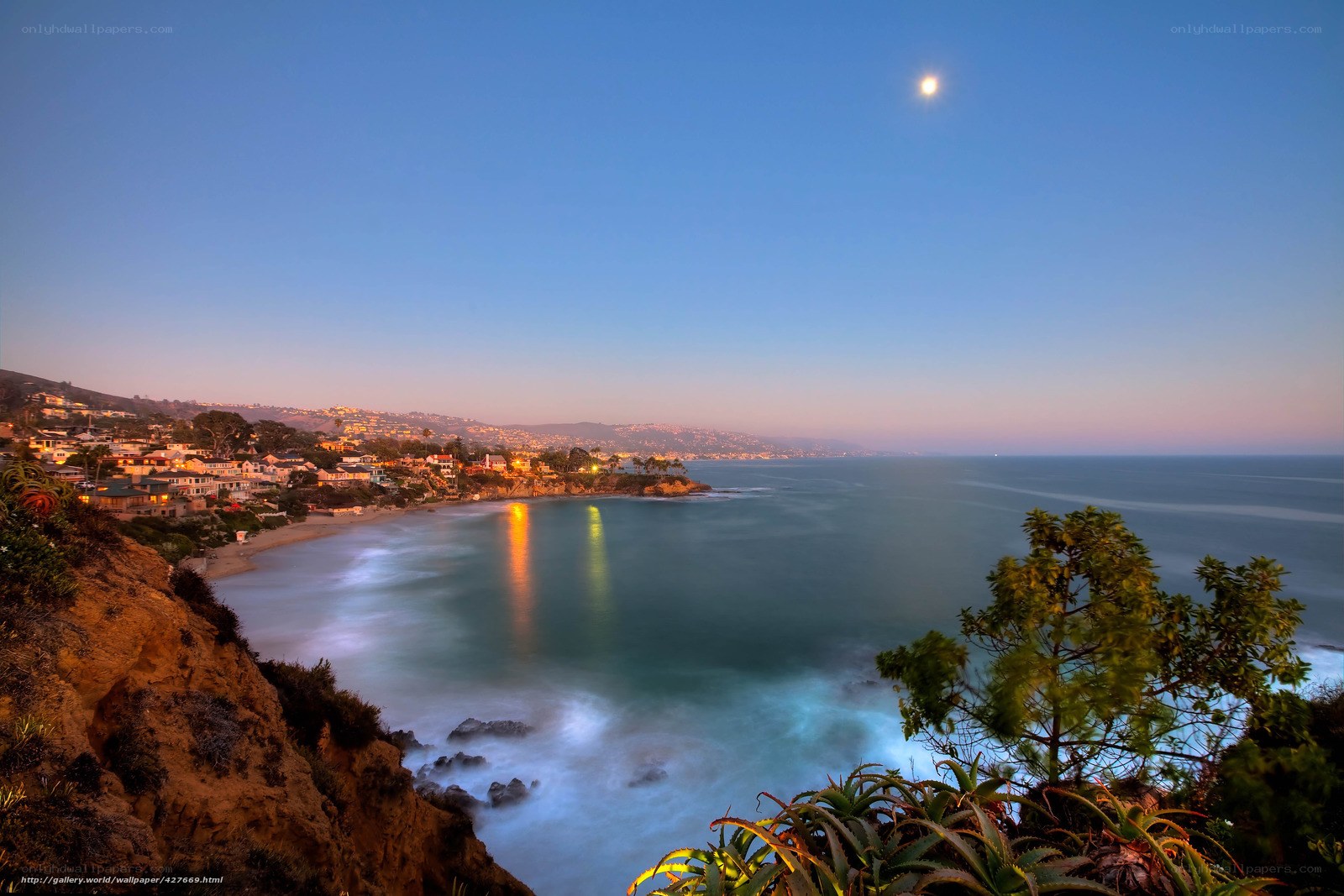 Coastal town at twilight with moon