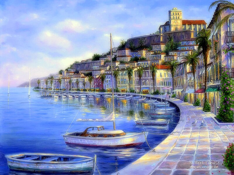Coastal Town Harbor — Blue, Serene, Sunset