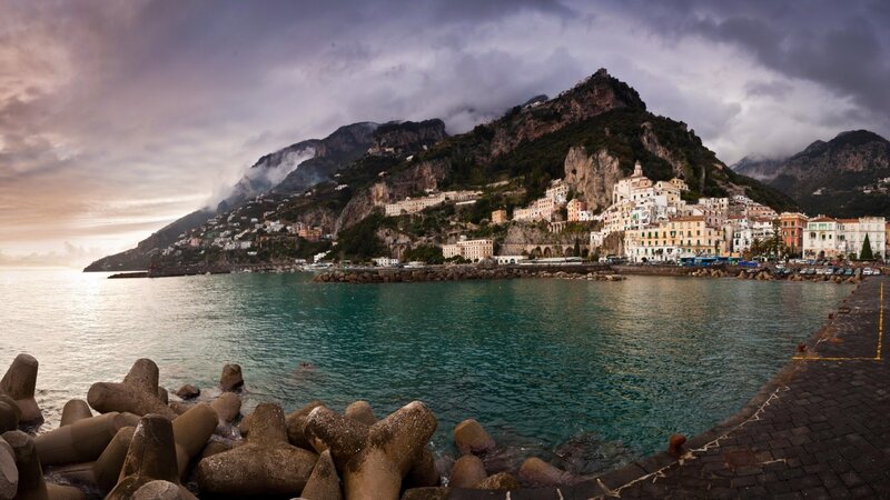 coastal town on a mountain slope