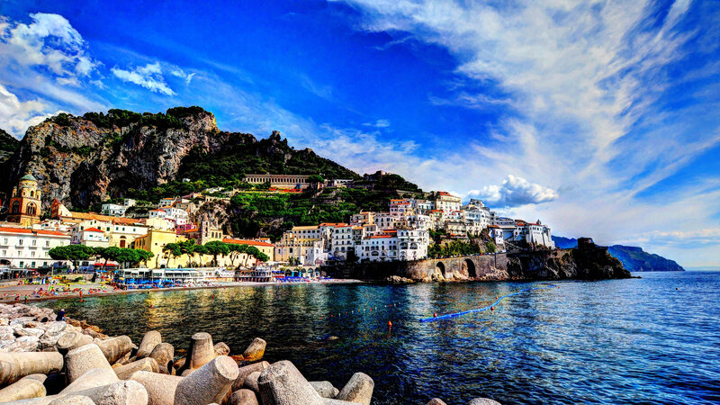 Coastal Town on Cliff — Blue, Dramatic, Afternoon