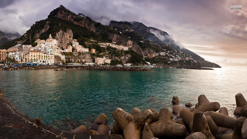 Coastal Town on Cliff — Blue, Dramatic, Sunset, Photograph