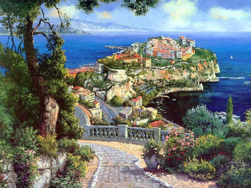 Coastal Town on Cliff — Blue, Serene, Afternoon, Painting, Sea