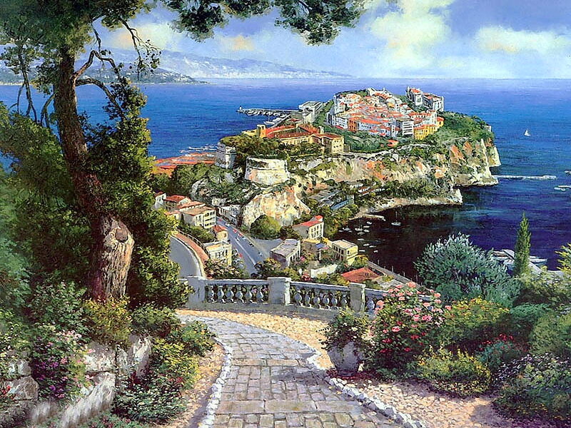 Coastal Town on Cliff — Blue, Serene, Afternoon, Painting