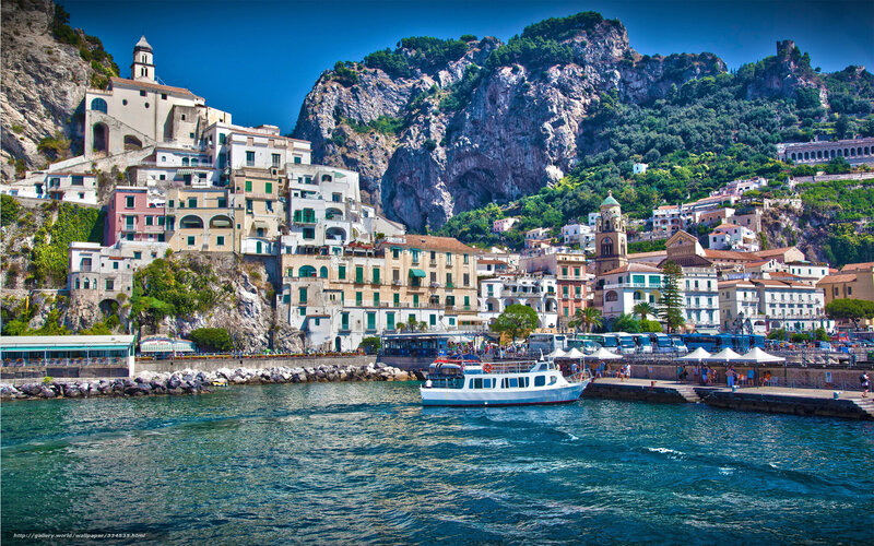 Coastal Town on Cliff — Blue, Serene, Afternoon, Photograph, Boat