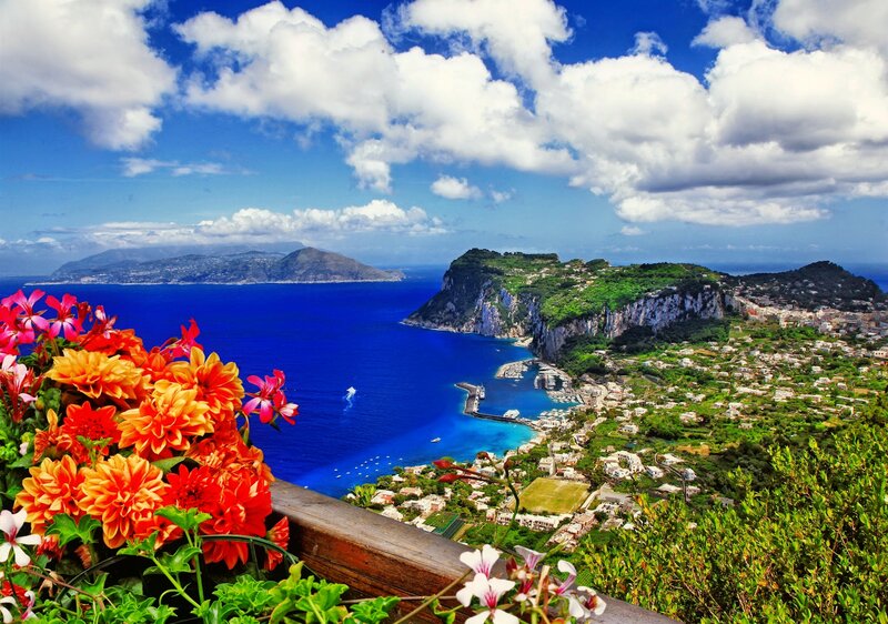 Coastal Town on Cliff — Blue, Serene, Afternoon, Photograph, Flowers
