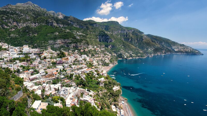 Coastal Town on Cliff — Blue, Serene, Afternoon, Photograph, Mountain
