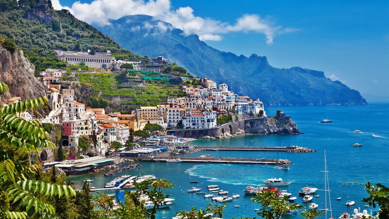 Coastal Town on Cliff — Blue, Serene, Afternoon, Photograph, Mountains
