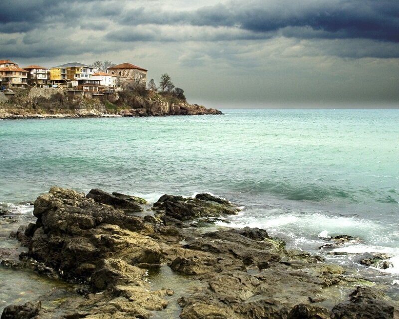Coastal Town on Cliff — Blue