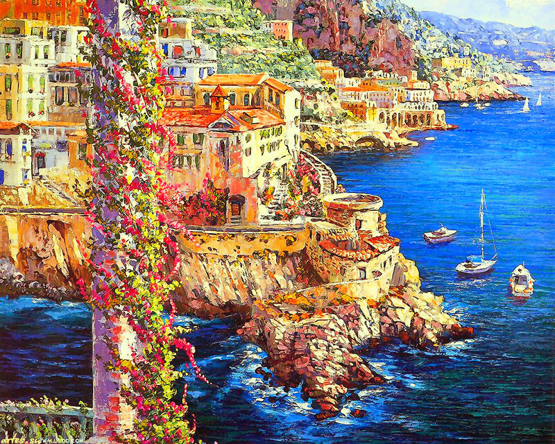 Coastal Town on Cliff — Blue, Vibrant