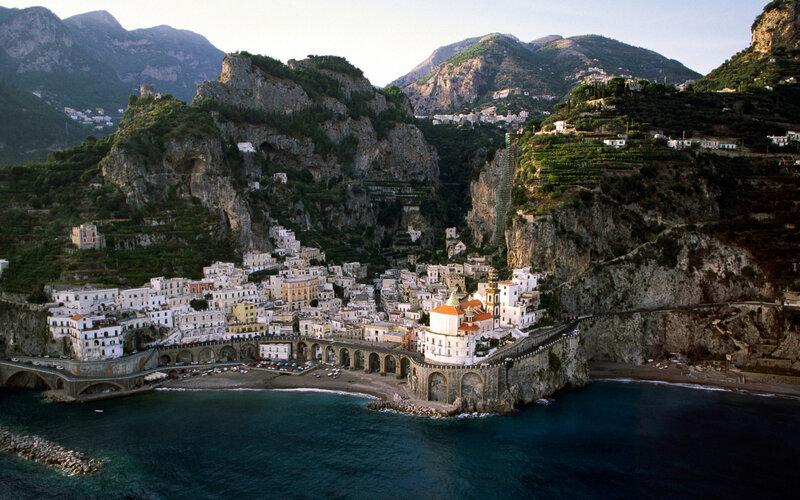 Coastal Town on Cliffs — Blue, Serene, Afternoon