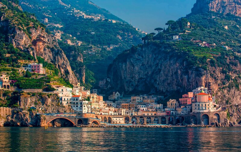 Coastal Town on Cliffs — Blue, Serene, Sunset