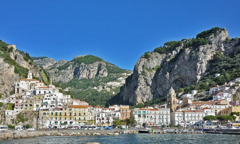 Coastal Town on Cliffs — Blue, Serene