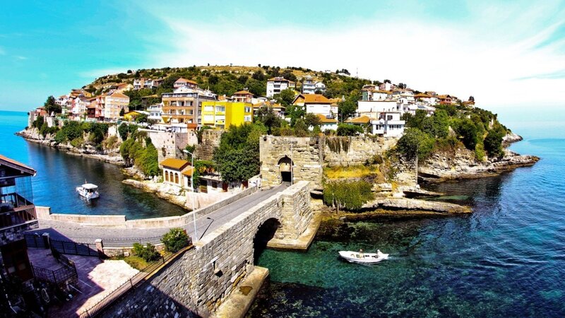 Coastal Town on Hill — Blue, Serene