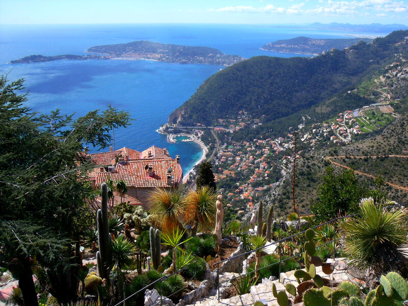 Coastal Town on Hillside — Blue, Serene, Afternoon, Photograph, Cacti
