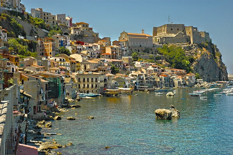 Coastal Town on Hillside — Blue, Serene, Afternoon, Photograph, Castle