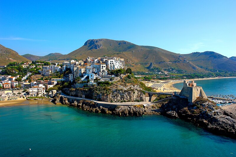 Coastal Town on Hillside — Blue, Serene, Afternoon, Photograph, Mountain