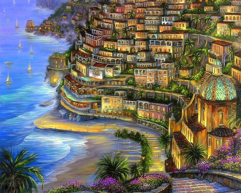 Coastal Town on Hillside — Blue, Serene, Sunset