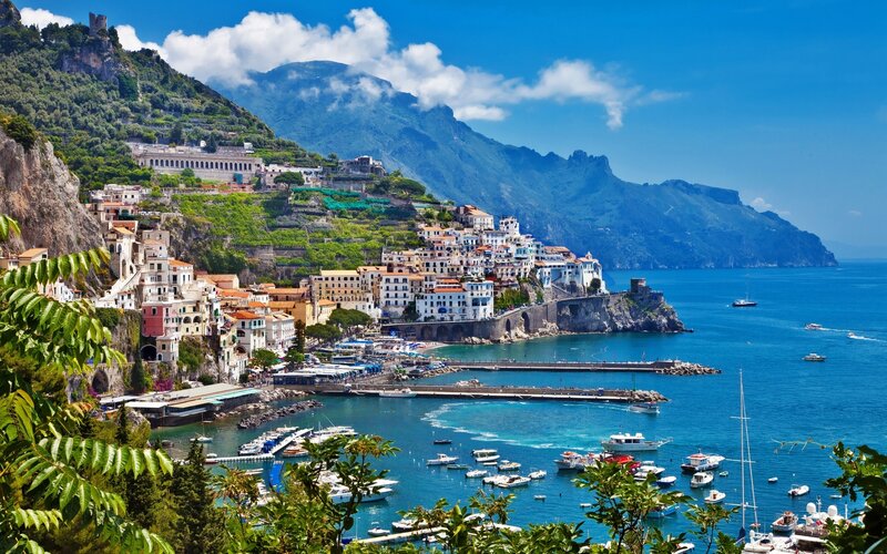 Coastal Town on Hillside — Blue, Serene