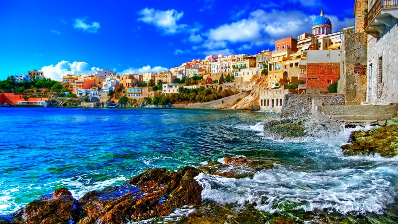 Coastal Town on Hillside — Blue, Vibrant