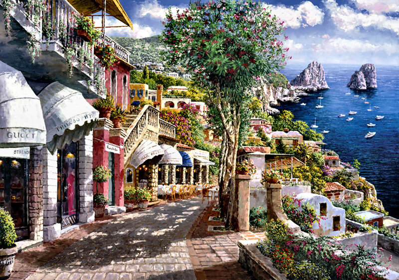 Coastal Town Street — Blue, Serene, Afternoon, Painting