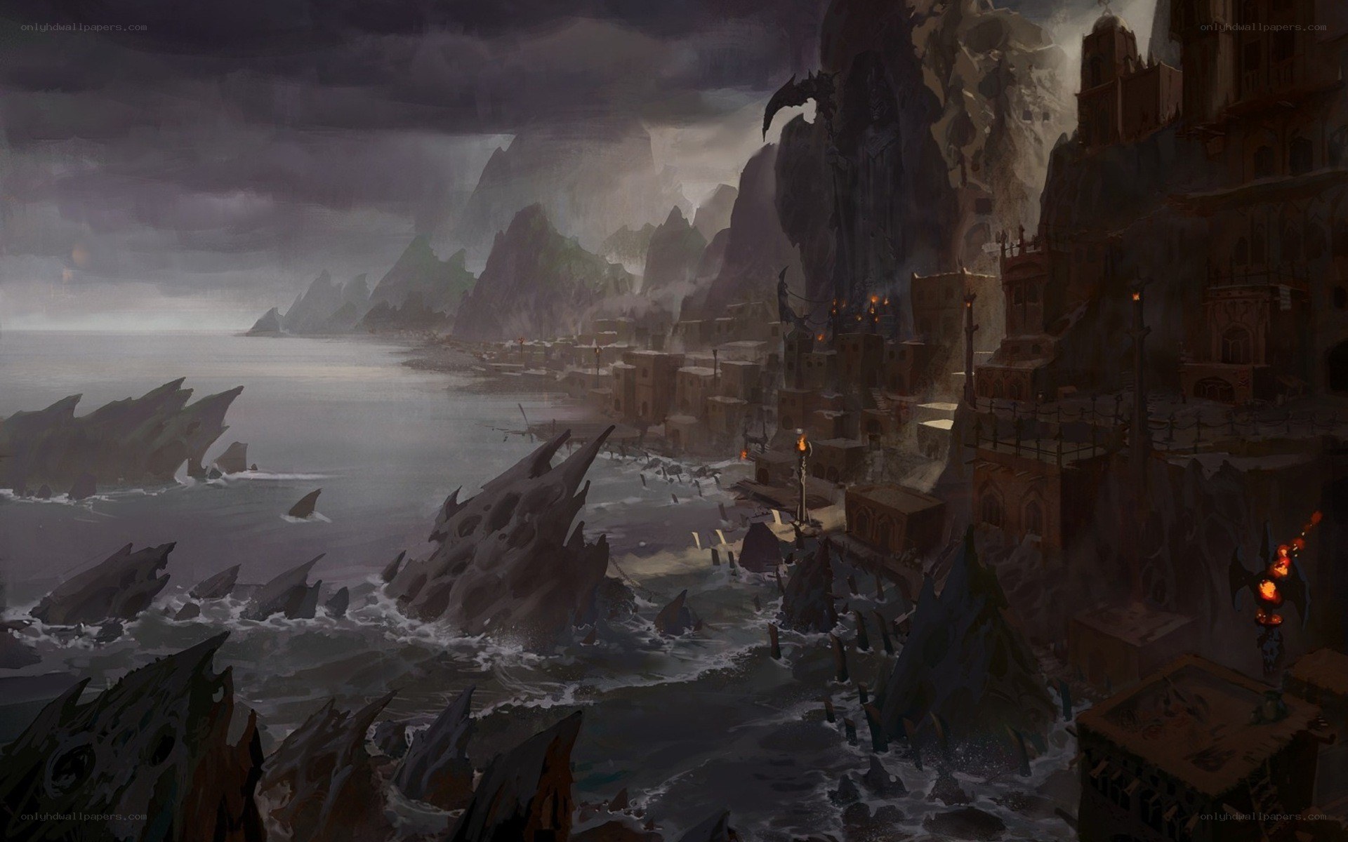coastal town under stormy sky