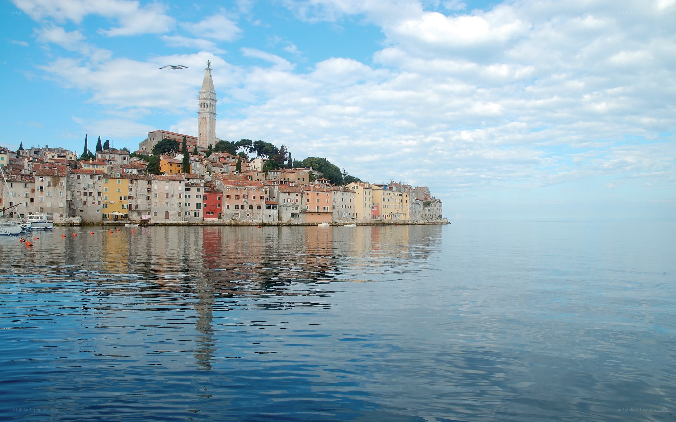 Coastal town with bell tower