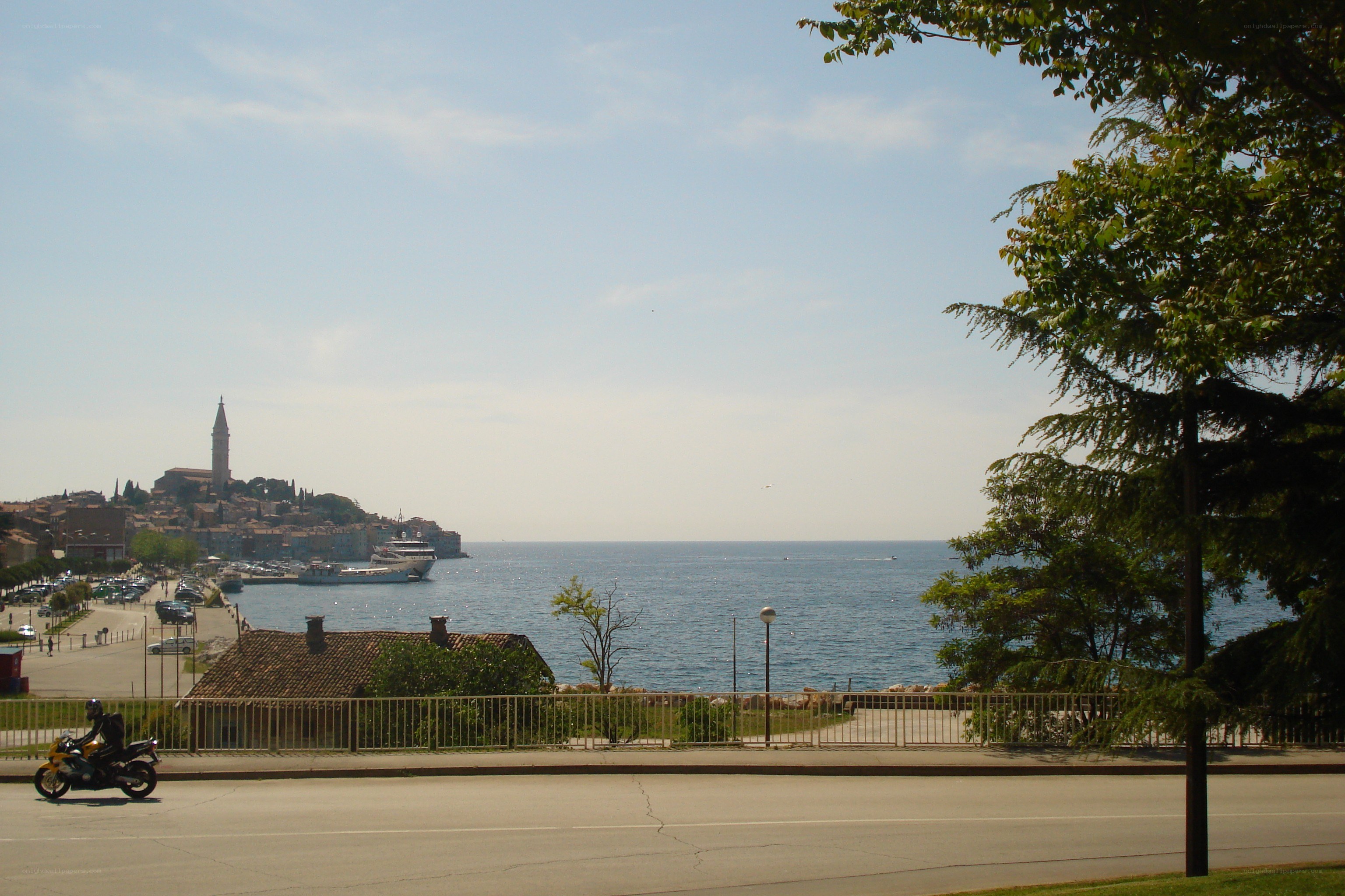 coastal town with bell tower