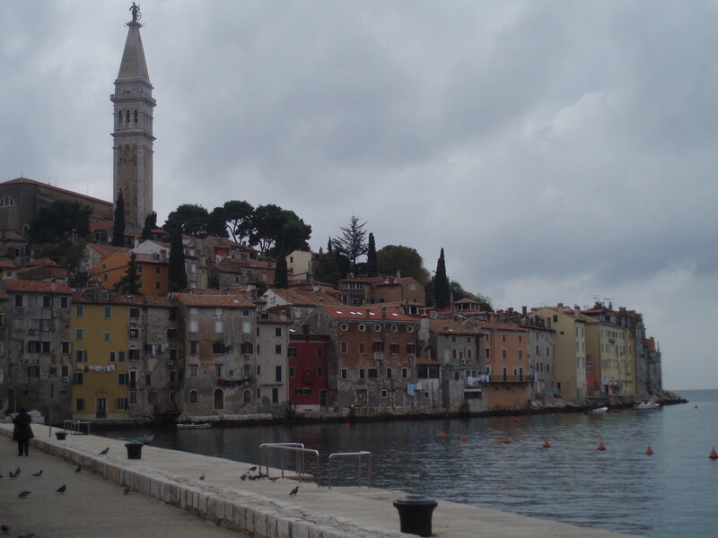 coastal town with bell tower