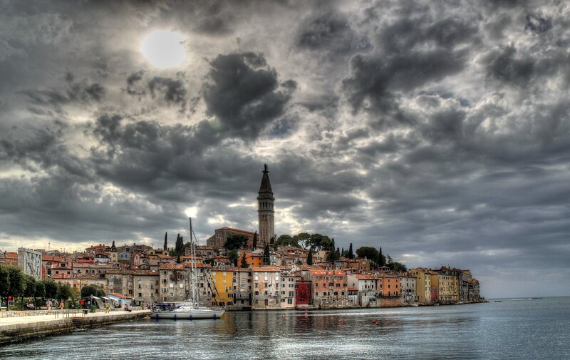 Coastal Town with Bell Tower — Gray