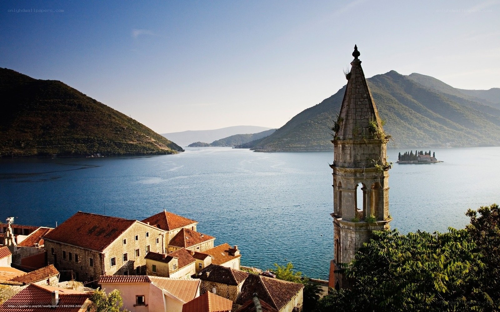 Coastal town with bell tower