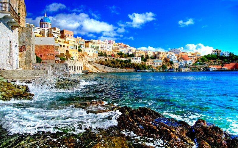 Coastal Town with Blue Dome — Serene