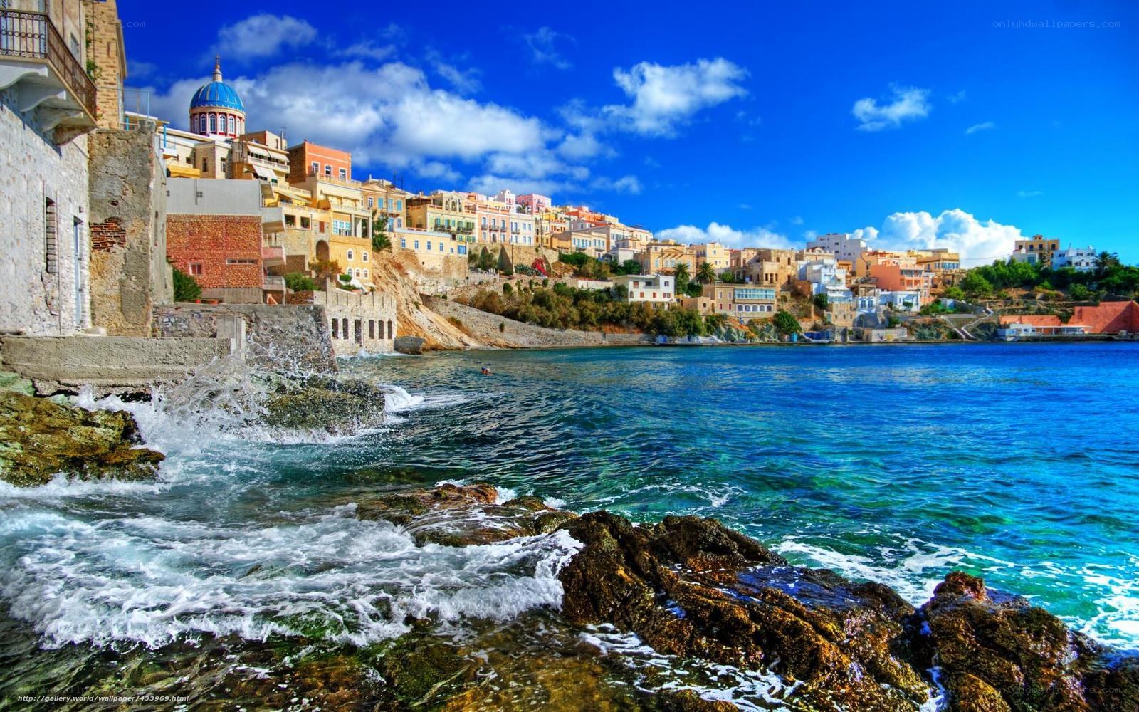 Coastal town with blue dome