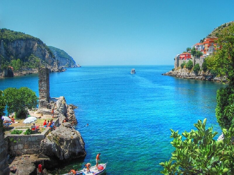 coastal town with blue sea